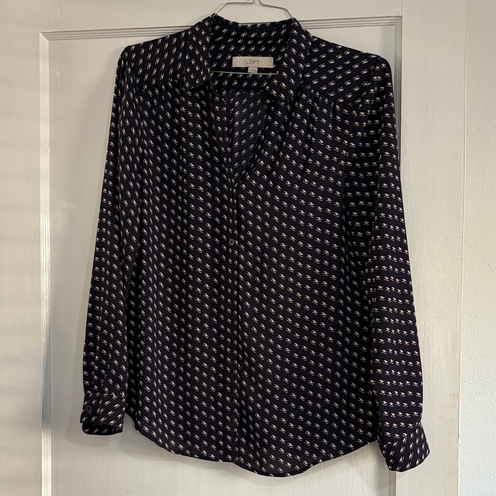 LOFT Navy and White Patterned Blouse